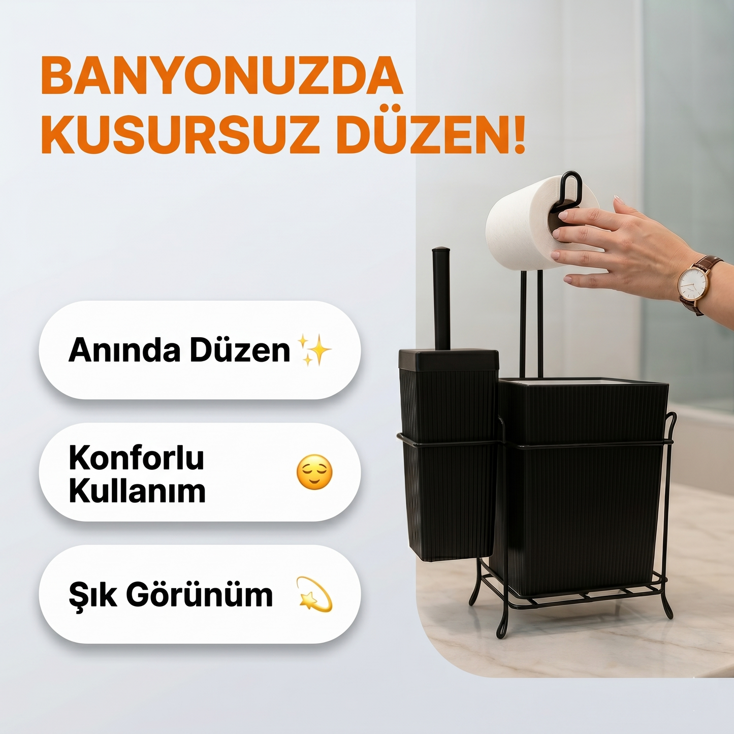 Demir Standlı Tuvalet Fırçalığı ve Çöp Kovası Seti – Modern Banyo Aksesuarı