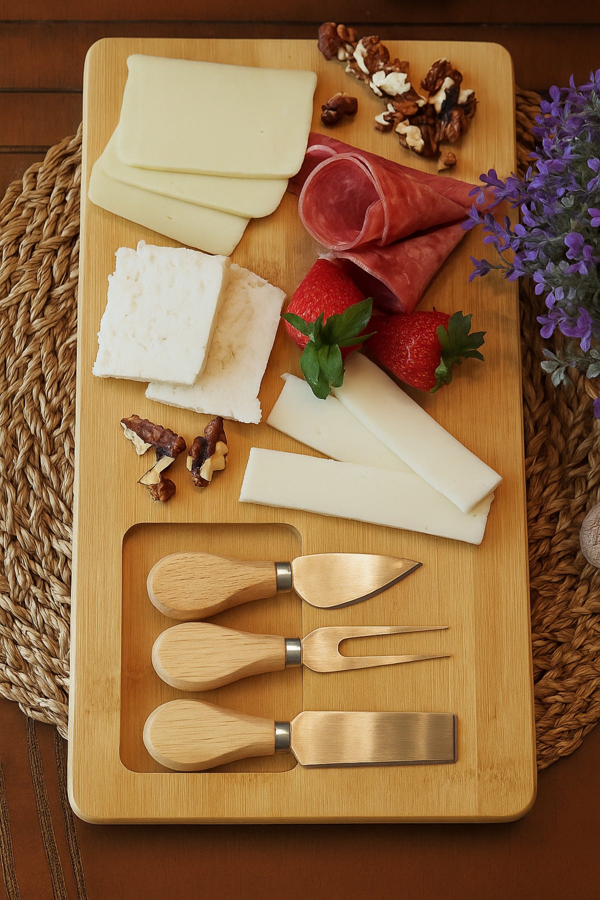 Bambu 3 Bıçaklı Peynir Sunum Tahtası – Şık ve Fonksiyonel Servis Seti (36x18 cm)