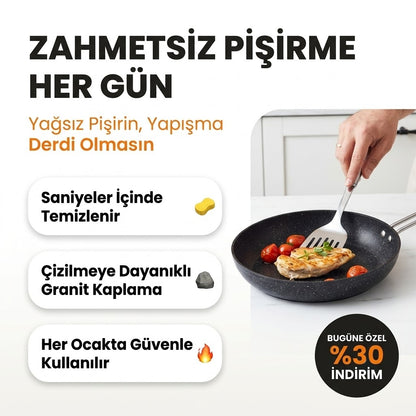 Premium Seri: Kalın Tabanlı Gerçek Granit 7 Parça Pişirme Seti (20-24-26-26)