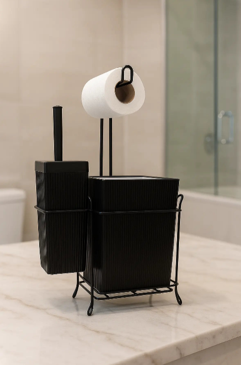 Demir Standlı Tuvalet Fırçalığı ve Çöp Kovası Seti – Modern Banyo Aksesuarı
