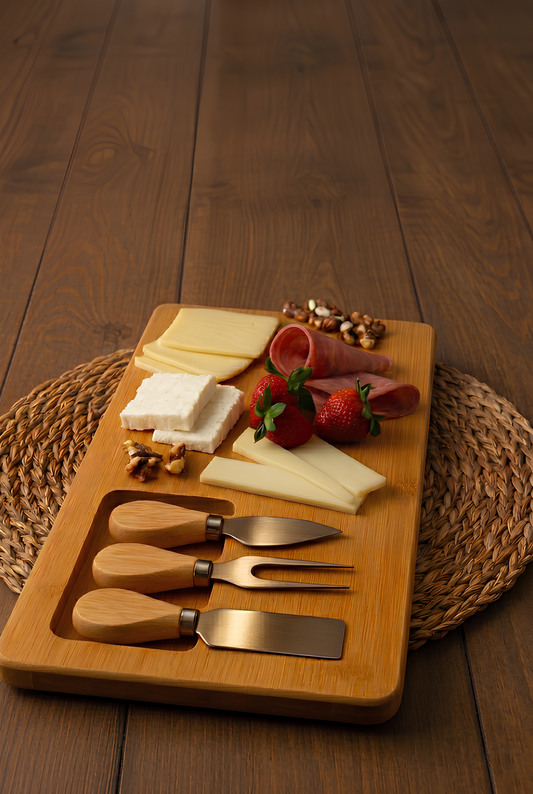 Bambu 3 Bıçaklı Peynir Sunum Tahtası – Şık ve Fonksiyonel Servis Seti (36x18 cm)