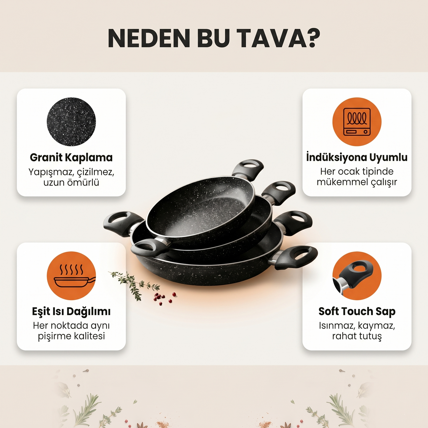 Yapışmaz Yüzey, Maksimum Lezzet: Profesyonel 3’lü Granit Tava Seti (18-20-22)