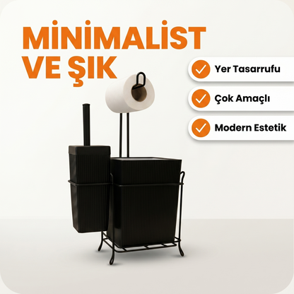 Demir Standlı Tuvalet Fırçalığı ve Çöp Kovası Seti – Modern Banyo Aksesuarı