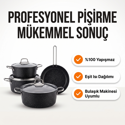 Premium Seri: Kalın Tabanlı Gerçek Granit 7 Parça Pişirme Seti (20-24-26-26)