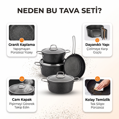 Premium Seri: Kalın Tabanlı Gerçek Granit 7 Parça Pişirme Seti (20-24-26-26)