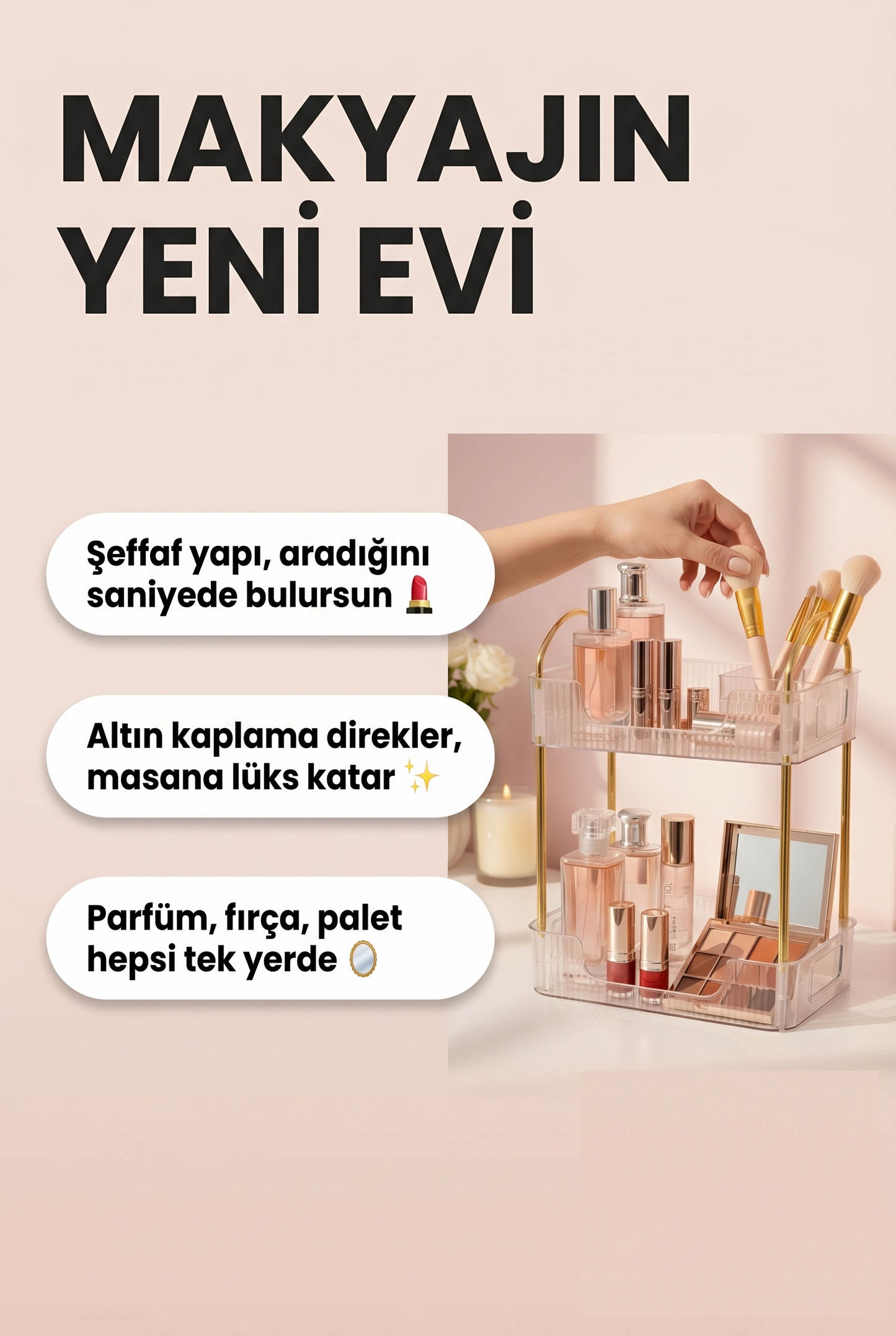 Şeffaf İki Katlı Makyaj ve Kozmetik Düzenleyici Raf