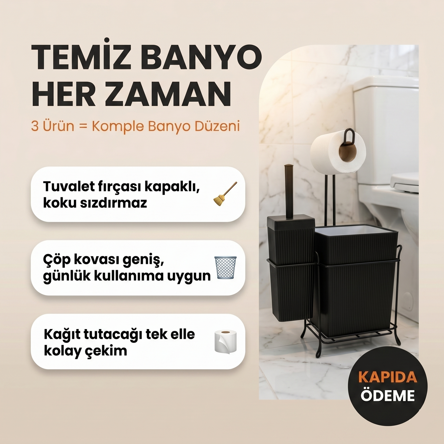 Demir Standlı Tuvalet Fırçalığı ve Çöp Kovası Seti – Modern Banyo Aksesuarı