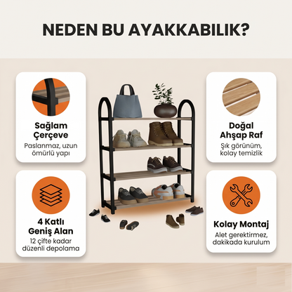 Minimalist 4 Raflı Ayakkabı Düzenleyici - Siyah & Meşe