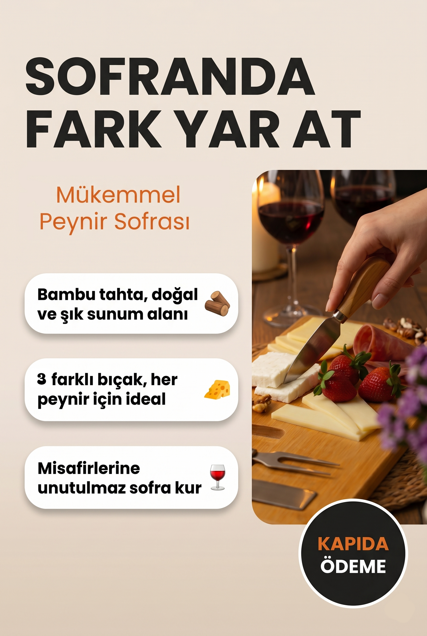 Bambu 3 Bıçaklı Peynir Sunum Tahtası – Şık ve Fonksiyonel Servis Seti (36x18 cm)