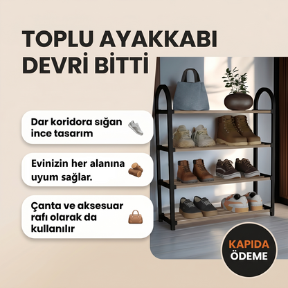 Minimalist 4 Raflı Ayakkabı Düzenleyici - Siyah & Meşe