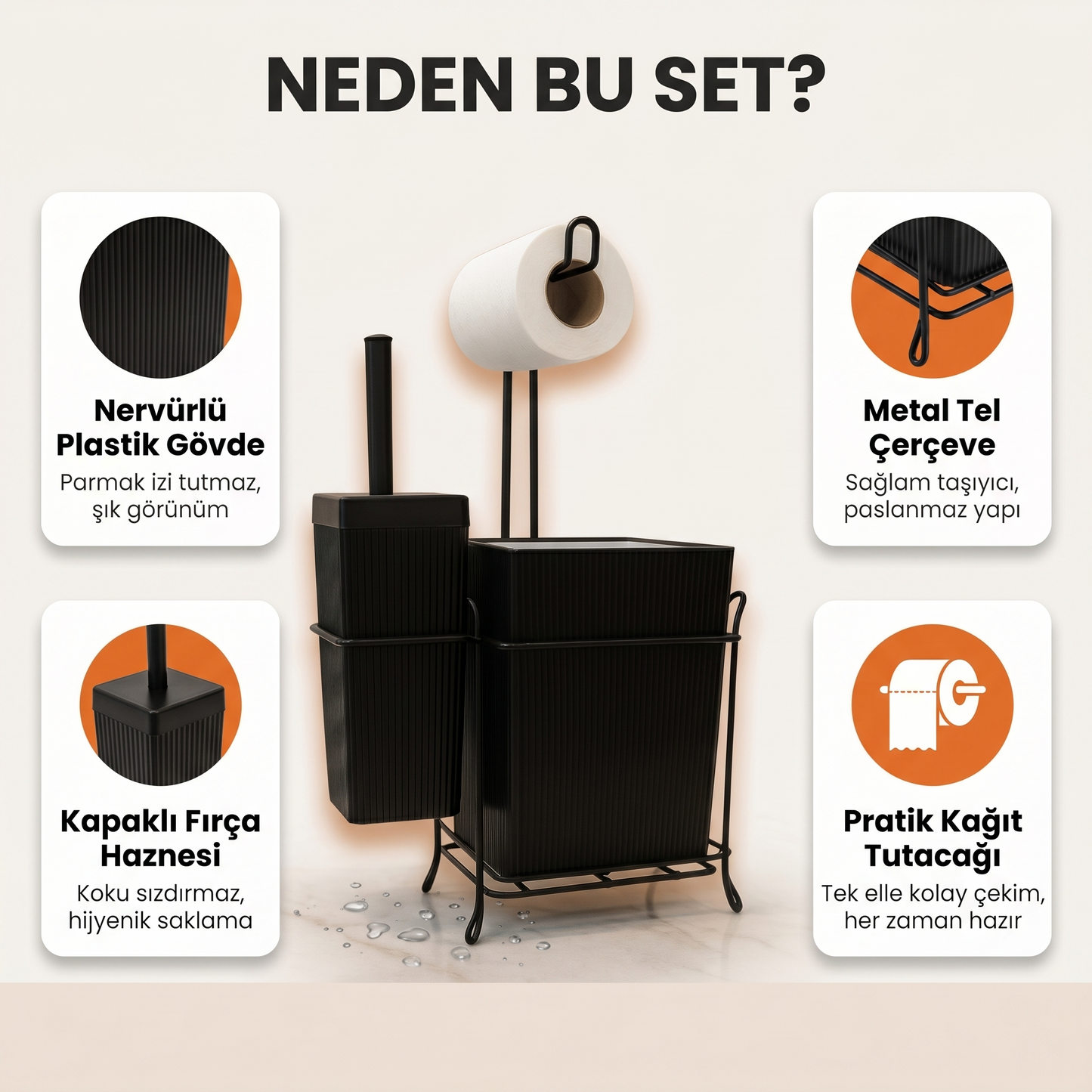Demir Standlı Tuvalet Fırçalığı ve Çöp Kovası Seti – Modern Banyo Aksesuarı
