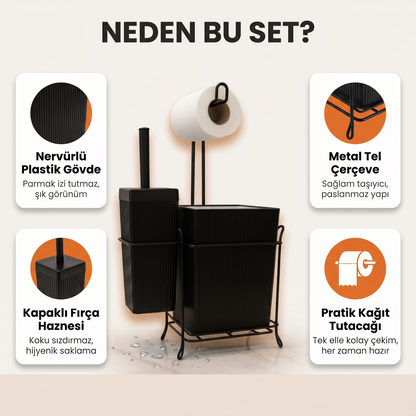 Demir Standlı Tuvalet Fırçalığı ve Çöp Kovası Seti – Modern Banyo Aksesuarı