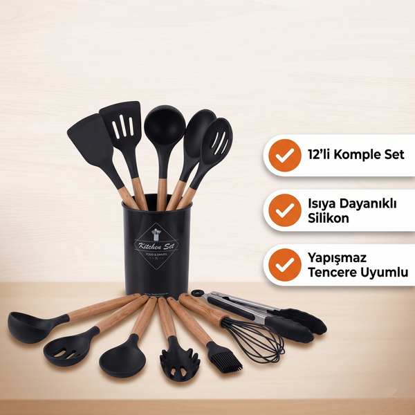Silikon Mutfak Gereçleri Seti – Ahşap Saplı 12 Parça Şık ve Dayanıklı Set