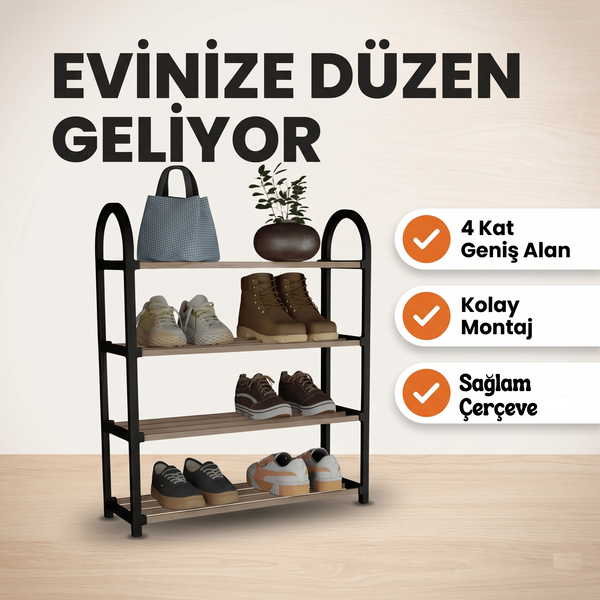 Minimalist 4 Raflı Ayakkabı Düzenleyici - Siyah & Meşe