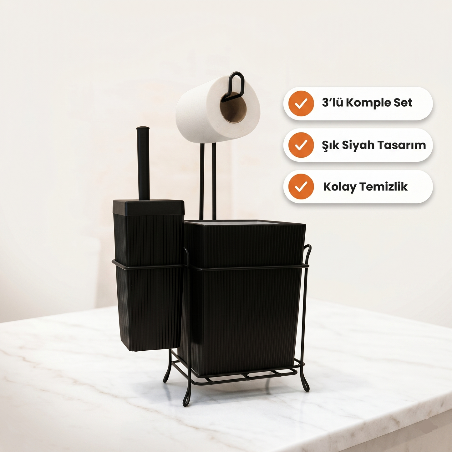 Demir Standlı Tuvalet Fırçalığı ve Çöp Kovası Seti – Modern Banyo Aksesuarı
