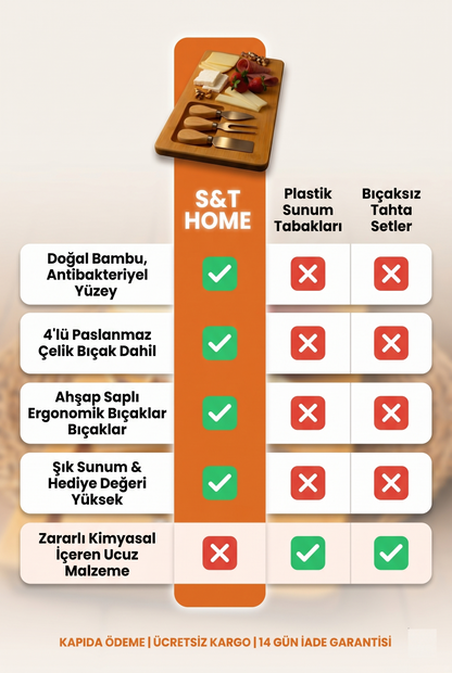 Bambu 3 Bıçaklı Peynir Sunum Tahtası – Şık ve Fonksiyonel Servis Seti (36x18 cm)