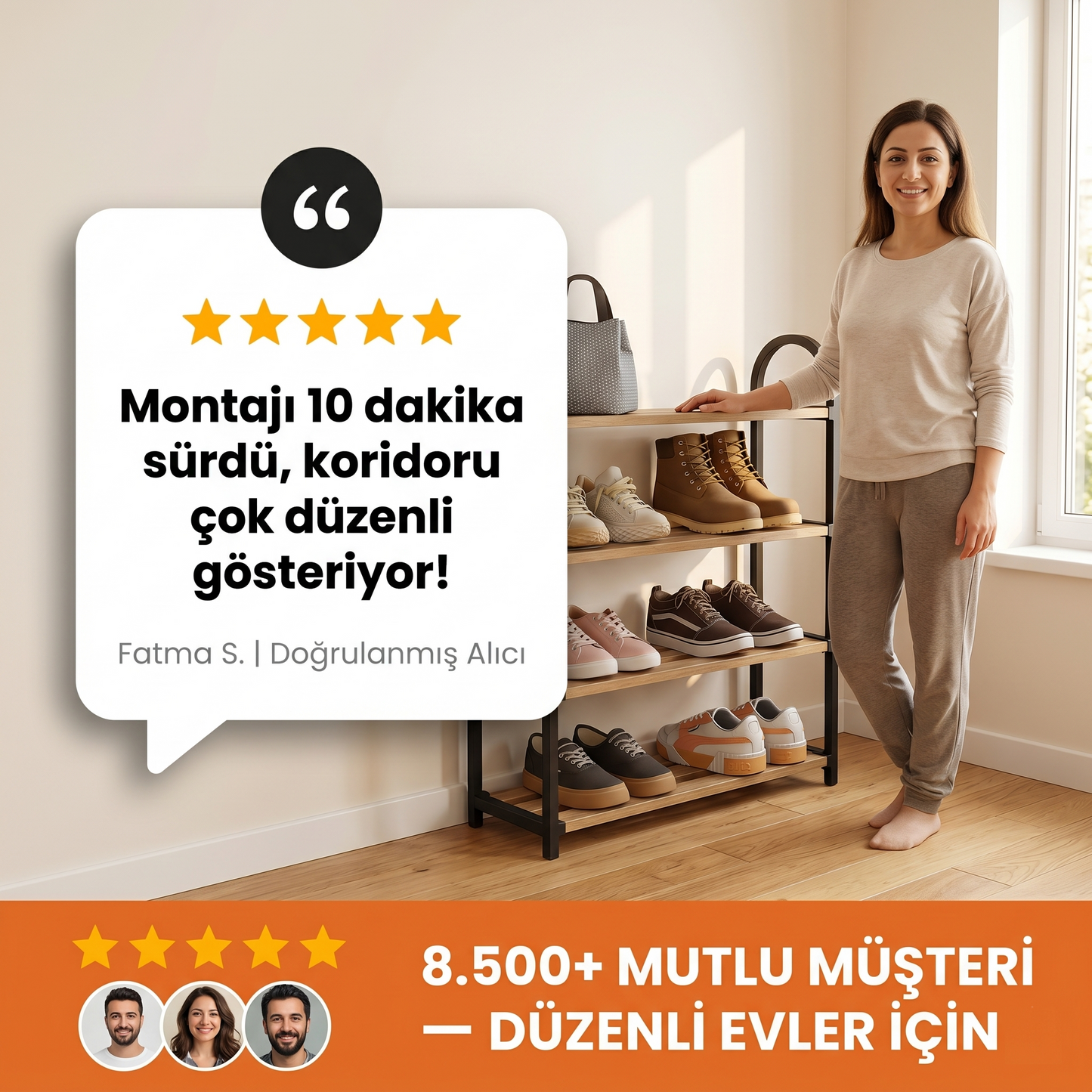 Minimalist 4 Raflı Ayakkabı Düzenleyici - Siyah & Meşe