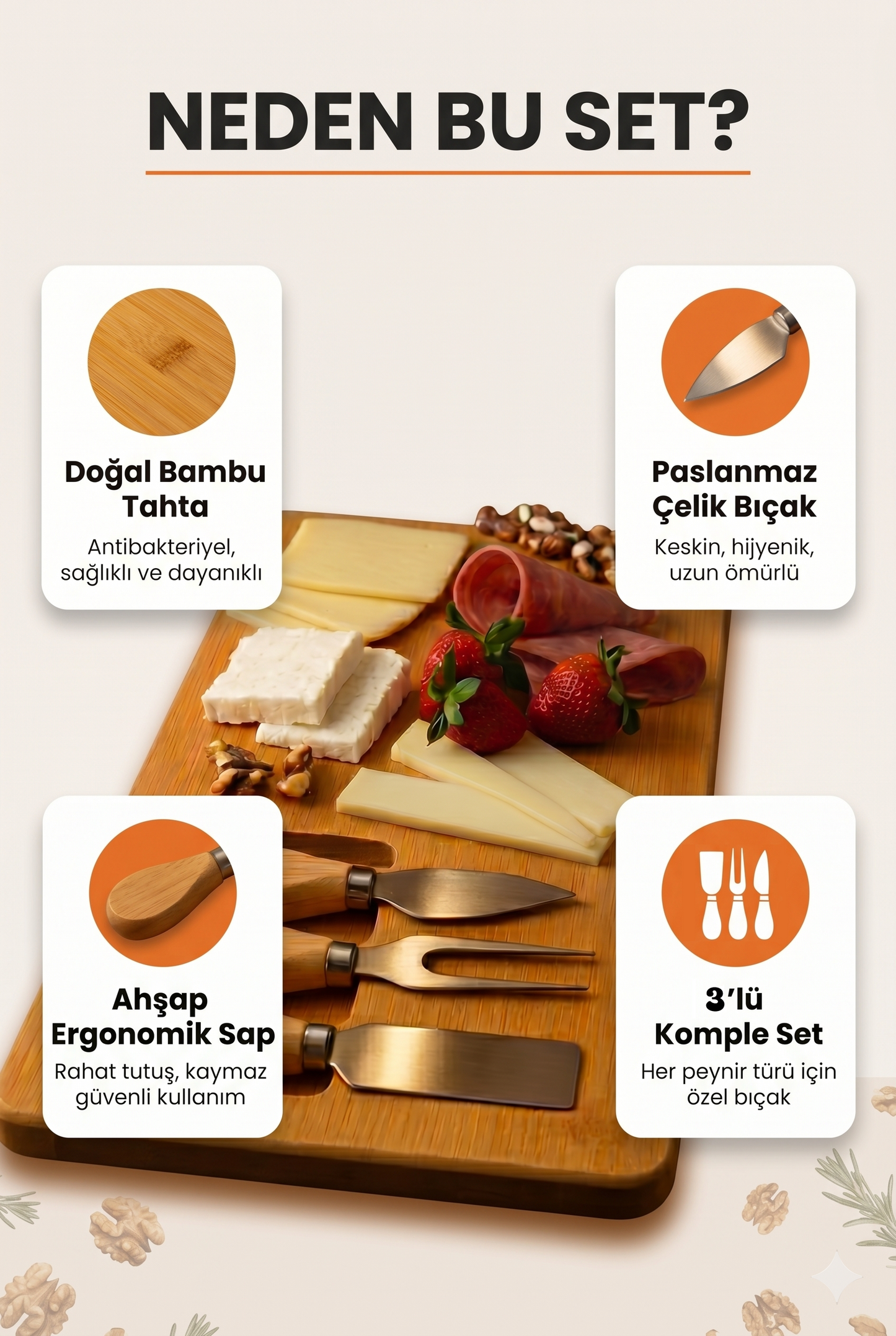 Bambu 3 Bıçaklı Peynir Sunum Tahtası – Şık ve Fonksiyonel Servis Seti (36x18 cm)