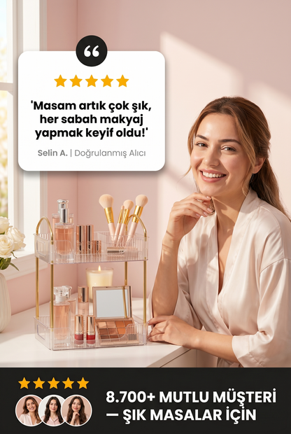 Şeffaf İki Katlı Makyaj ve Kozmetik Düzenleyici Raf