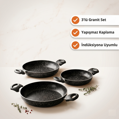 Yapışmaz Yüzey, Maksimum Lezzet: Profesyonel 3’lü Granit Tava Seti (18-20-22)