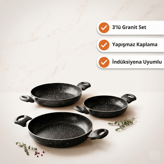 Yapışmaz Yüzey, Maksimum Lezzet: Profesyonel 3’lü Granit Tava Seti (18-20-22)