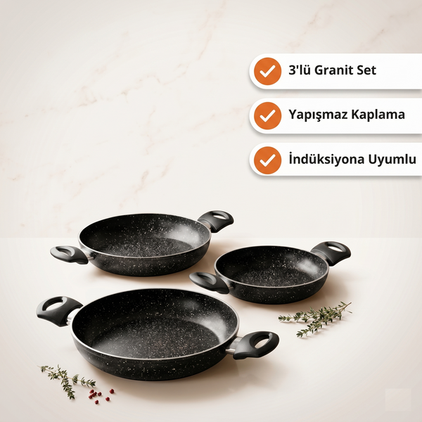Yapışmaz Yüzey, Maksimum Lezzet: Profesyonel 3’lü Granit Tava Seti (18-20-22)