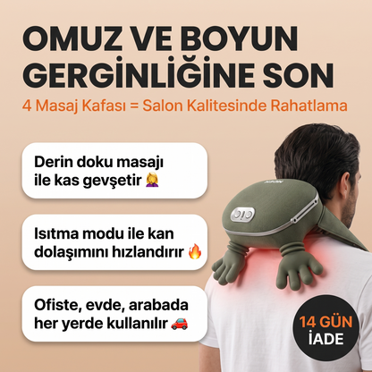 Boyun ve Omuz Masaj Aleti - 4 Kollu Isıtmalı Elektrikli Masaj Cihazı, Taşınabilir Kas Gevşetici
