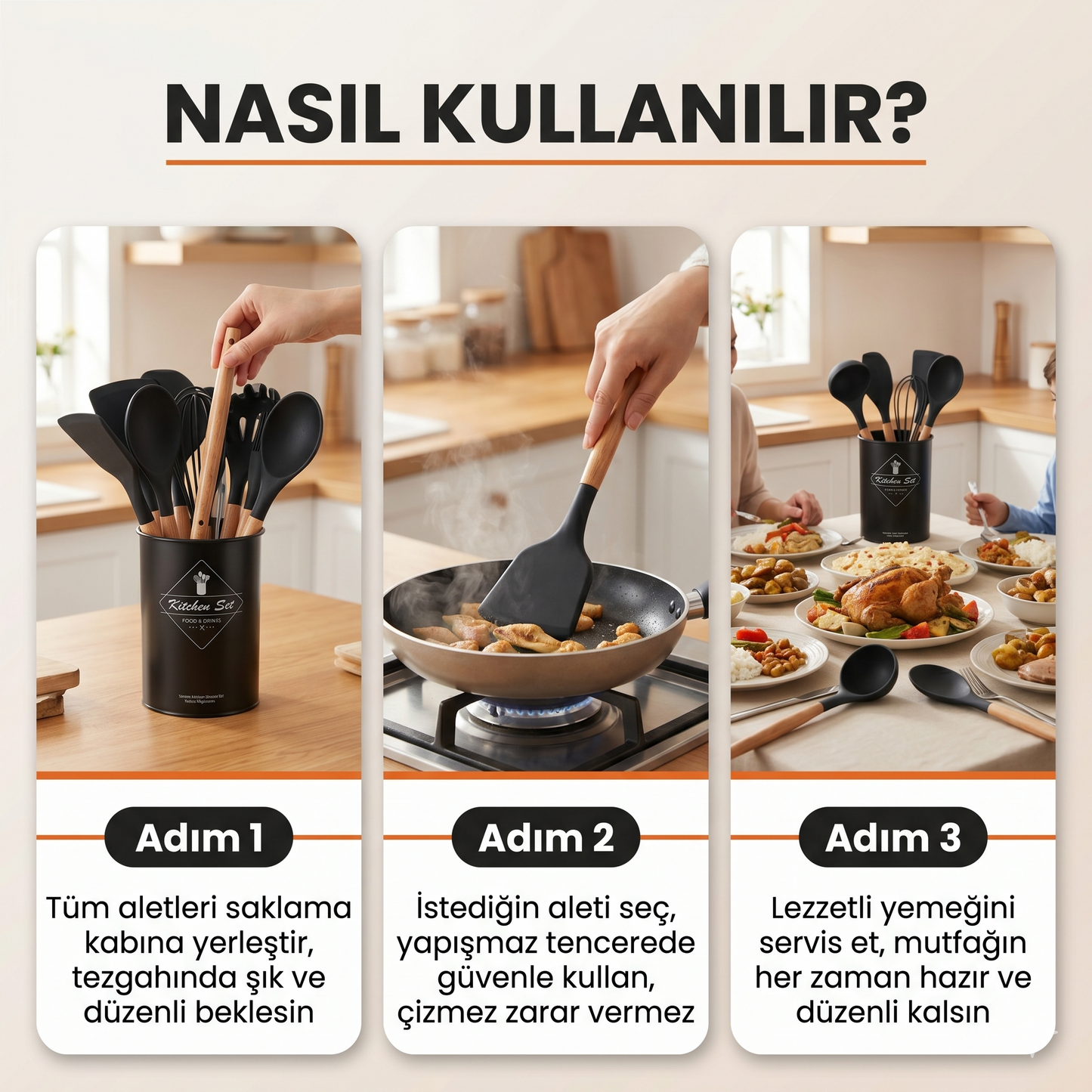 Silikon Mutfak Gereçleri Seti – Ahşap Saplı 12 Parça Şık ve Dayanıklı Set