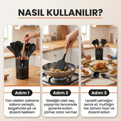 Silikon Mutfak Gereçleri Seti – Ahşap Saplı 12 Parça Şık ve Dayanıklı Set