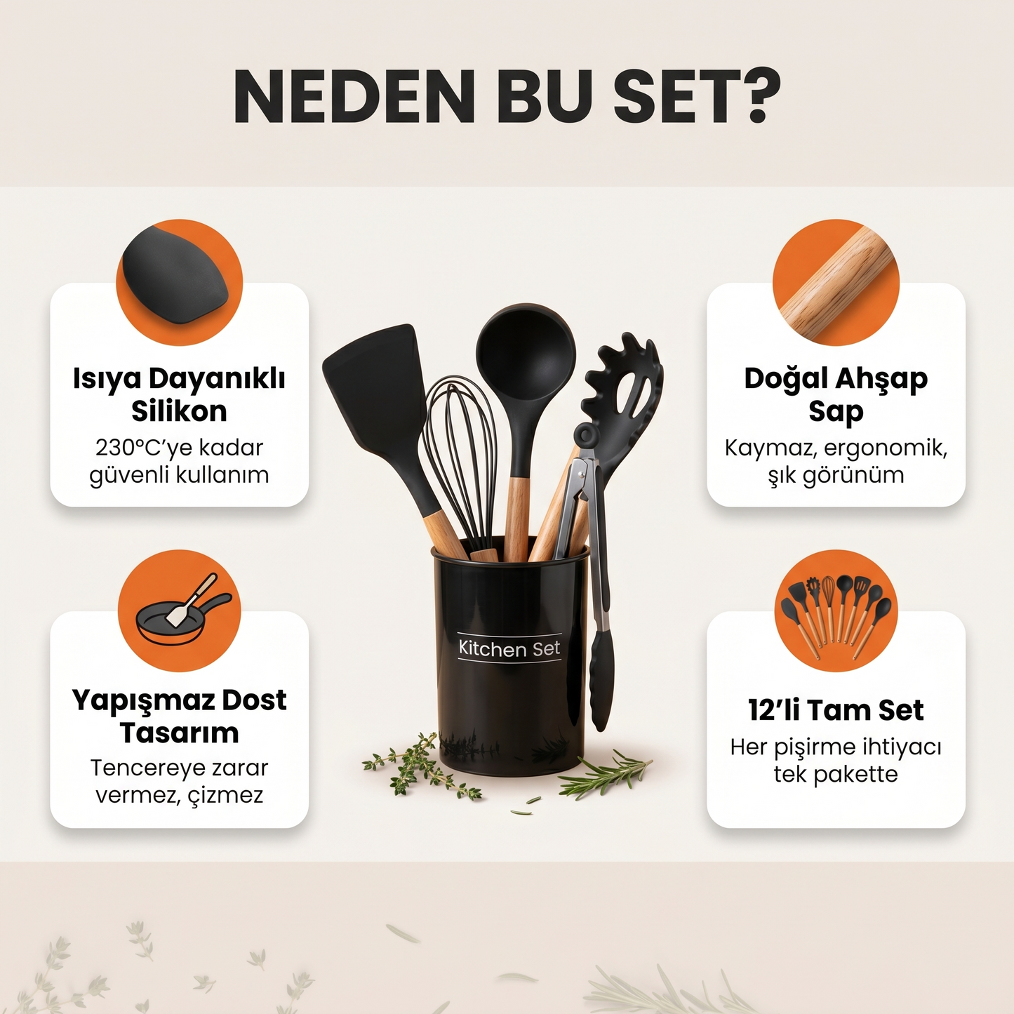 Silikon Mutfak Gereçleri Seti – Ahşap Saplı 12 Parça Şık ve Dayanıklı Set