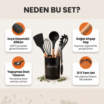Silikon Mutfak Gereçleri Seti – Ahşap Saplı 12 Parça Şık ve Dayanıklı Set