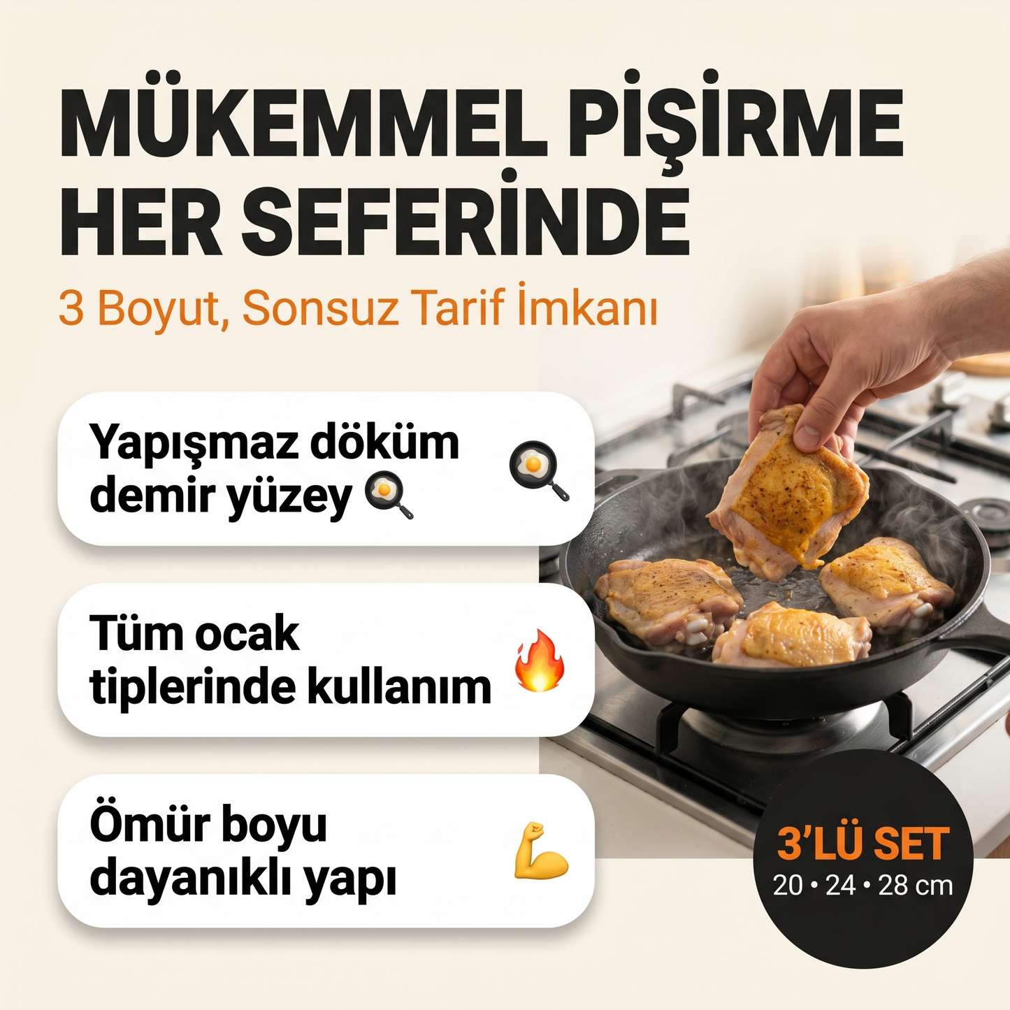 3'lü Döküm Demir Tava Seti (20 - 24 - 28 cm)