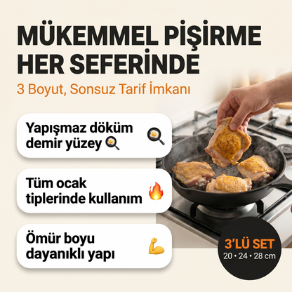 3'lü Döküm Demir Tava Seti (20 - 24 - 28 cm)